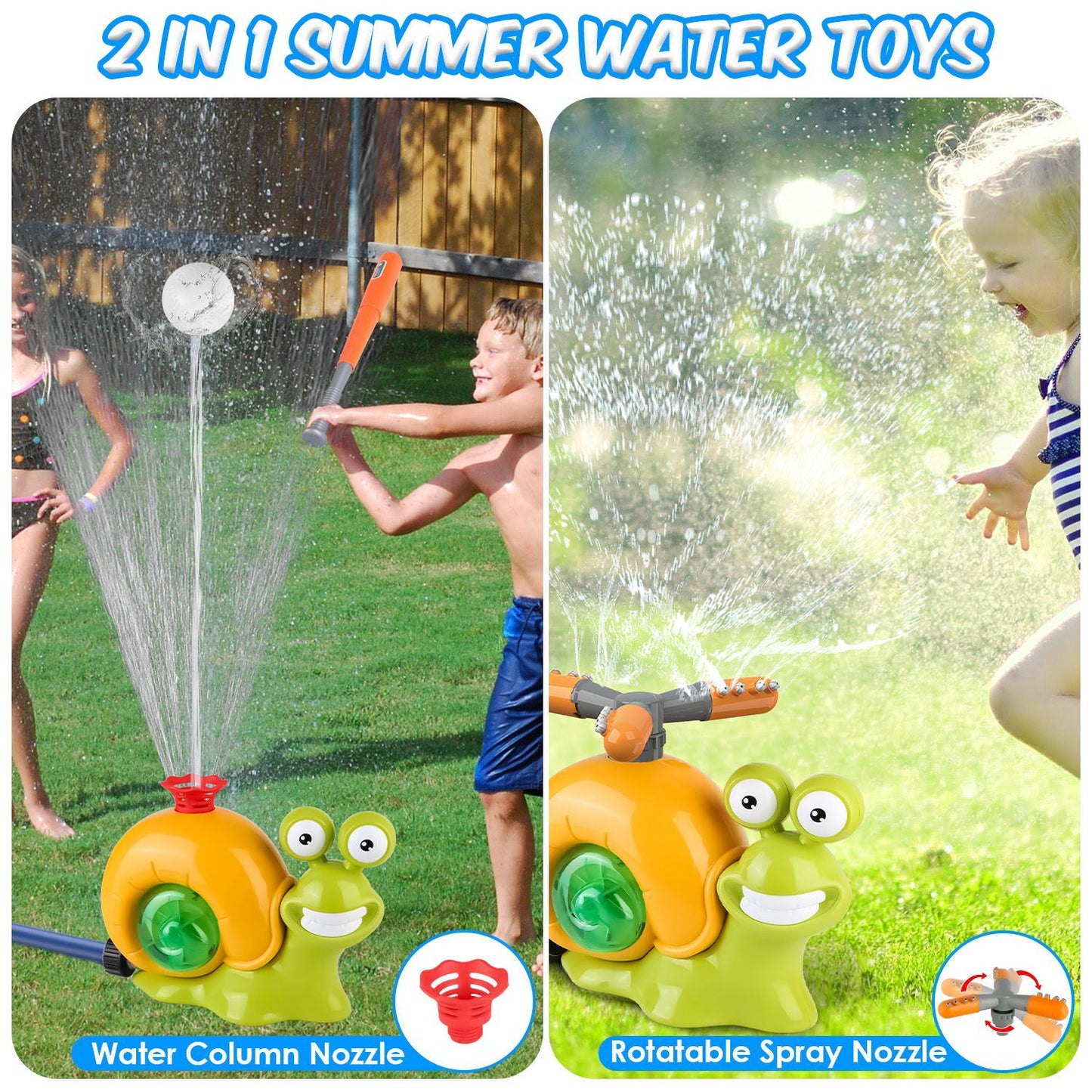 2 In 1 Snail Water Sprinkler Baseball Toy With 2 Sprinkler Nozzles 360 Degree Rotating Spray Baseball Sprinkler Summer Water Toy For 4-8Years Old Boys Girls Pool Garden Lawn