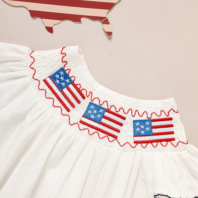 Baby Girl Bubble Romper White with American Flag Embroidery