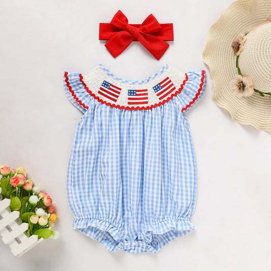Baby Girl Smocked Bubble Romper Blue With Headband