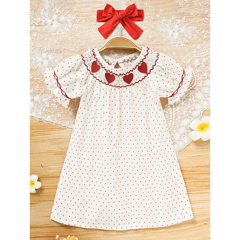 Baby Girl Smocked Princess Dress Red Polka with Heart Embroidery and Headband