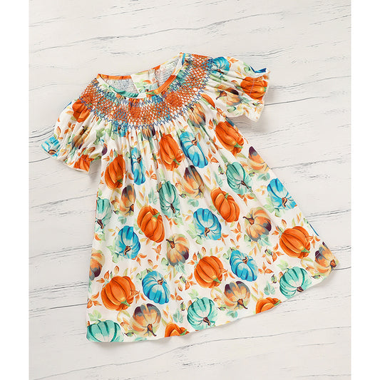 Toddler Smocked Pumpkin Printed Dress