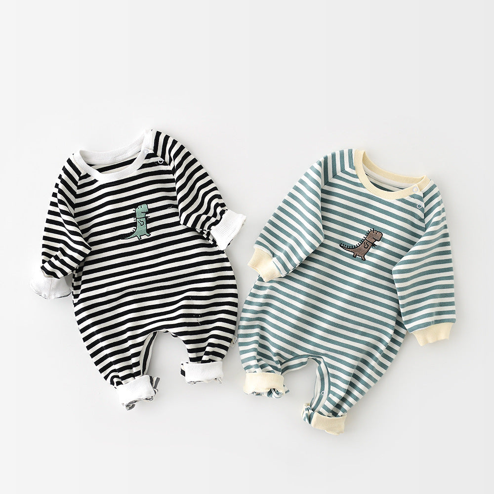 Toddler Clothing Male Baby Striped Stylish Jumpsuit with Embroidery