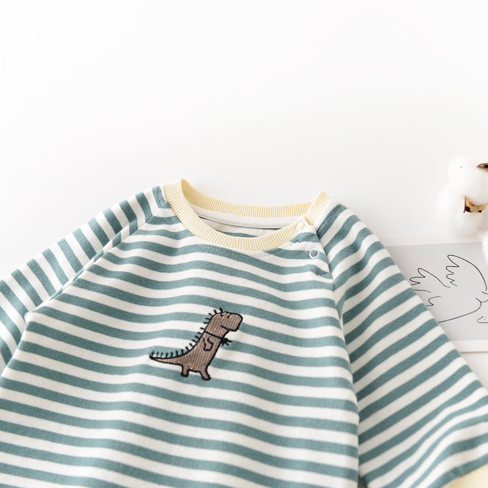 Toddler Clothing Male Baby Striped Stylish Jumpsuit with Embroidery