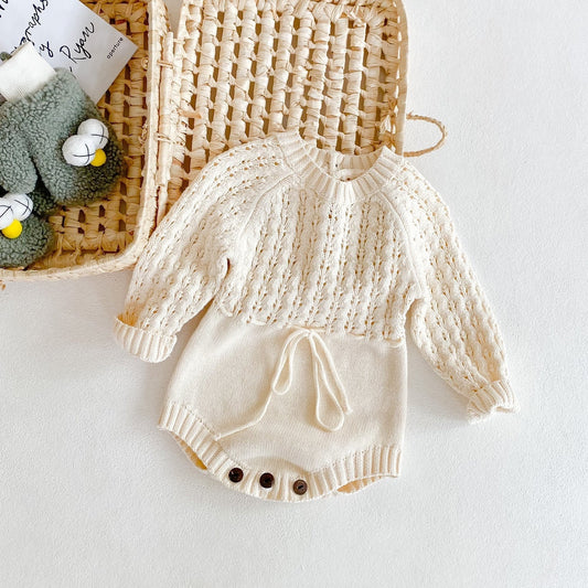 Infant Knit Romper – Girl Baby Knitted Long Sleeve Hollow Waist Dress
