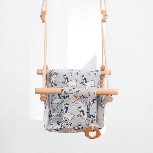 Cotton Canvas Baby Swing Chair-Wooden Seat with Cushion and Safety Straps
