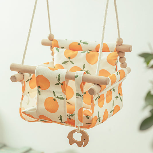 Cotton Canvas Baby Swing Chair-Wooden Seat with Cushion and Safety Straps