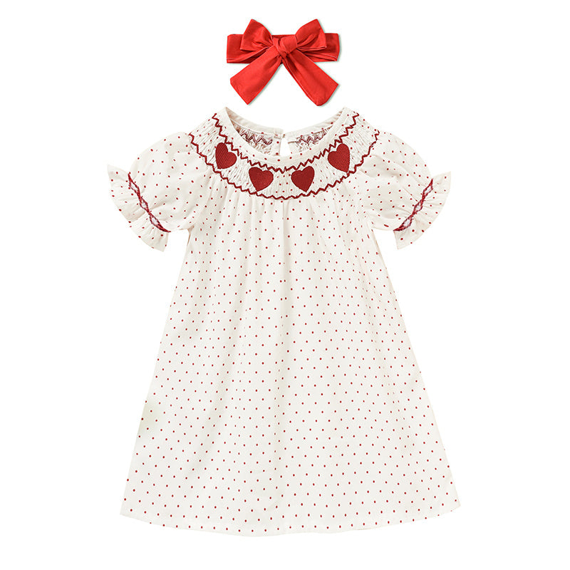 Baby Girl Smocked Princess Dress Red Polka with Heart Embroidery and Headband