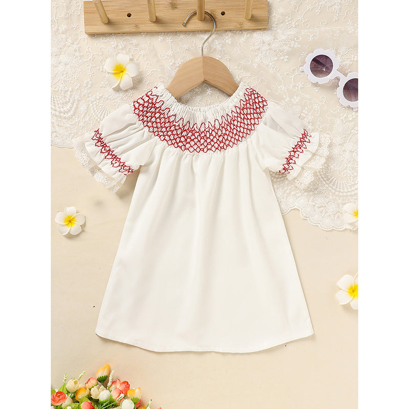 Infant Baby Girl Lacy White Dress with Red Neck Embroidery