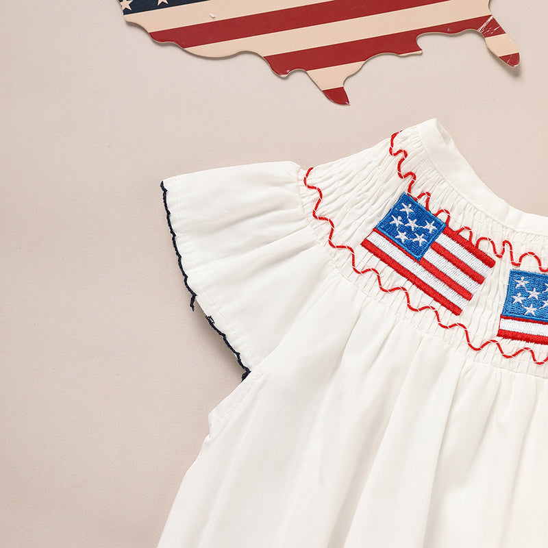Baby Girl Bubble Romper White with American Flag Embroidery