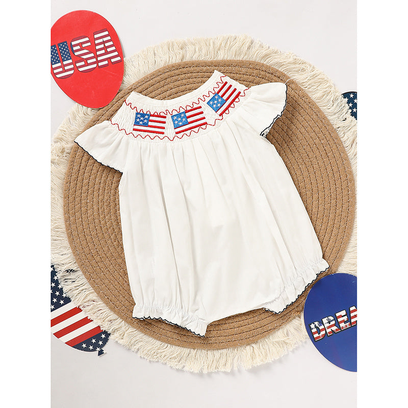 Baby Girl Bubble Romper White with American Flag Embroidery