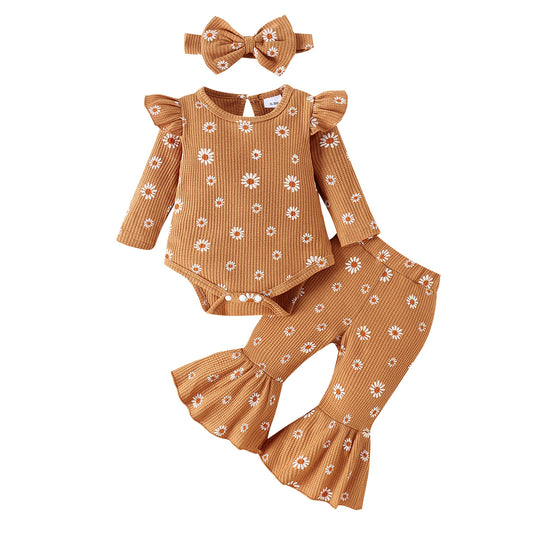 Baby Girl Printed Top with Bell Bottom Pants and Headband Set