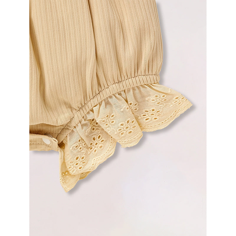 Infant Baby Girl Square Neck Onesie with Headband Beige Set
