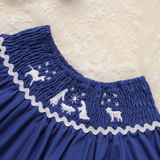 Toddler Smocked Blue Dress with Santa Embroidery