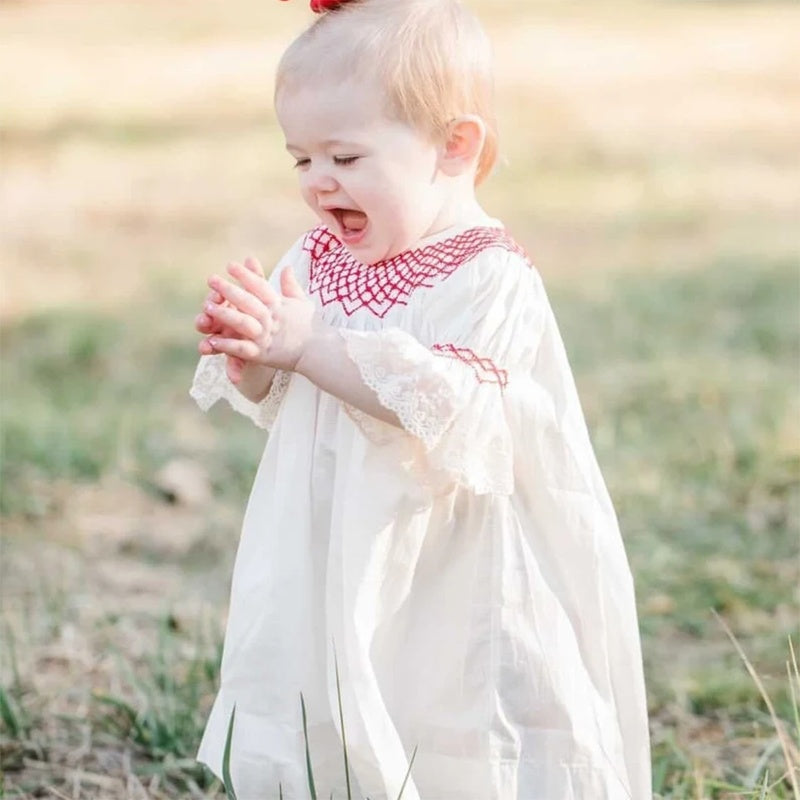 Infant Baby Girl Lacy White Dress with Red Neck Embroidery