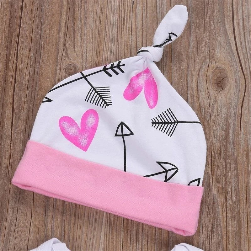 Newborn Baby Girl Romper and Pants with Hat and Headband Set