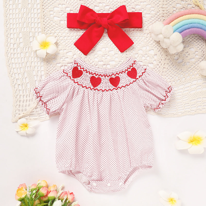Smocked Romper for Newborn Baby Girls with Heart Embroidery
