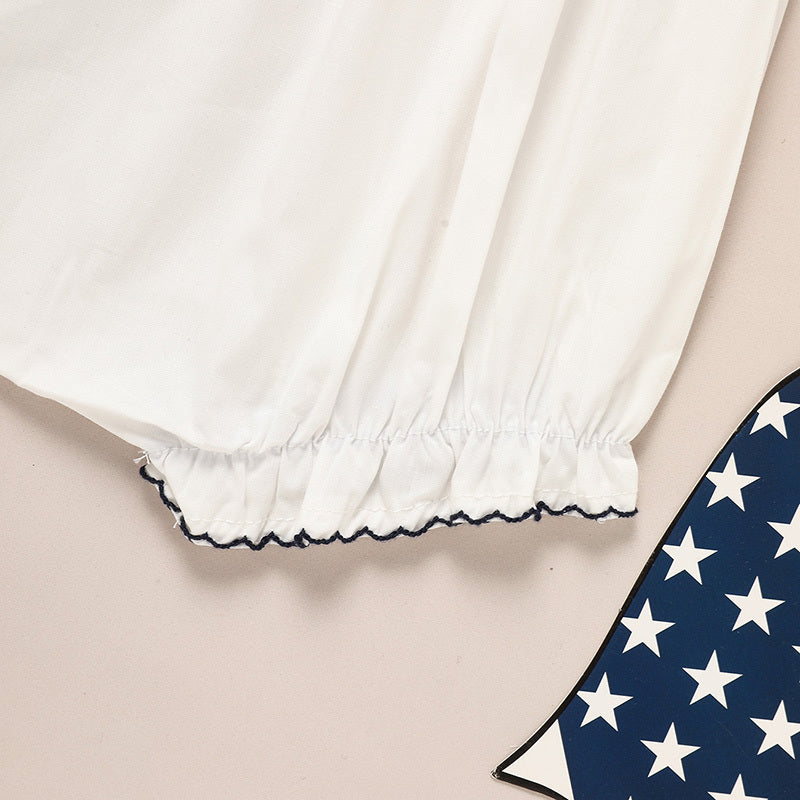 Baby Girl Bubble Romper White with American Flag Embroidery