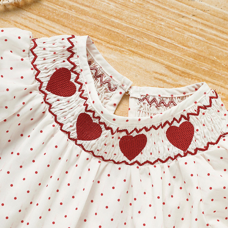 Baby Girl Smocked Princess Dress Red Polka with Heart Embroidery and Headband