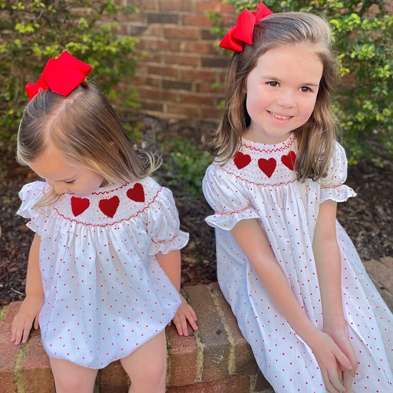 Baby Girl Smocked Princess Dress Red Polka with Heart Embroidery and Headband
