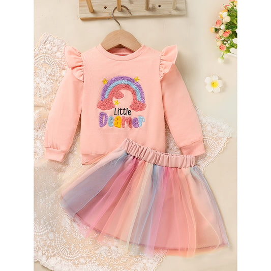 Baby Girl Pink Long Sleeve with Rainbow Tutu Skirt Set