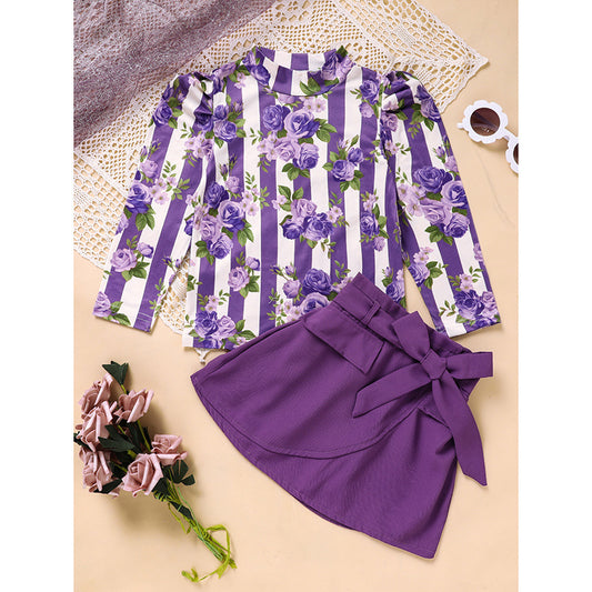 Toddler Purple Rose Print Tops with Belt Skirts Set