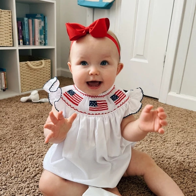 Baby Girl Bubble Romper White with American Flag Embroidery