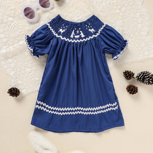 Toddler Smocked Blue Dress with Santa Embroidery