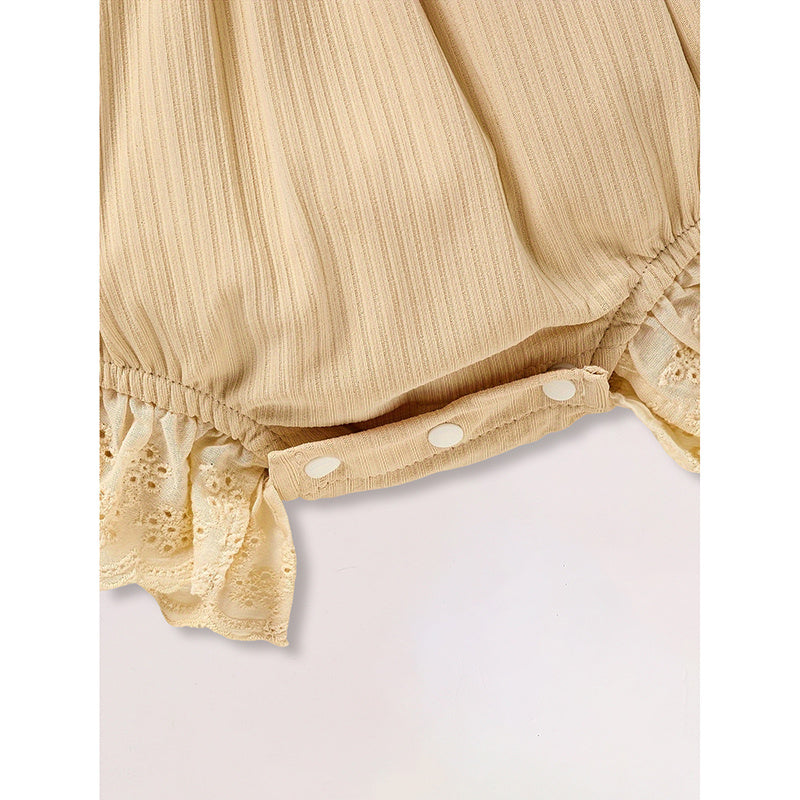 Infant Baby Girl Square Neck Onesie with Headband Beige Set