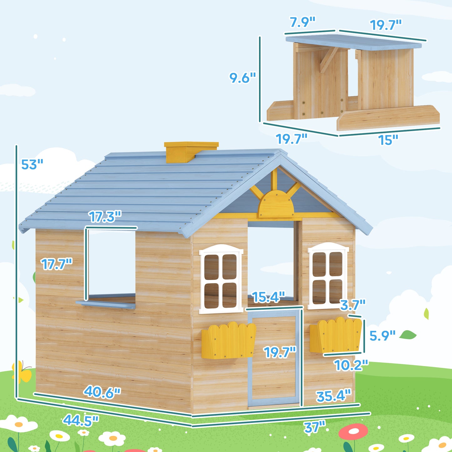 Wooden Outdoor Kid Playhouse with Garden and Bench Service Station