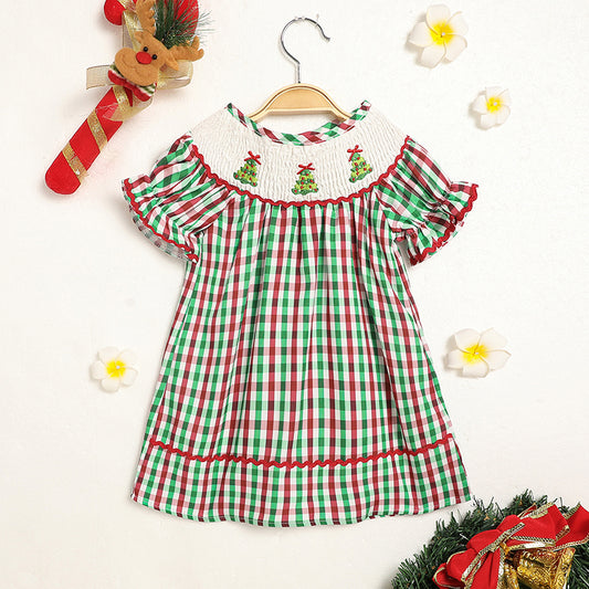 Toddler Embroidered Plaid Casual Christmas Dress