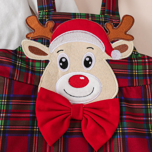 Baby Girl White Long-sleeve Blouse with Reindeer Overall Dress Set