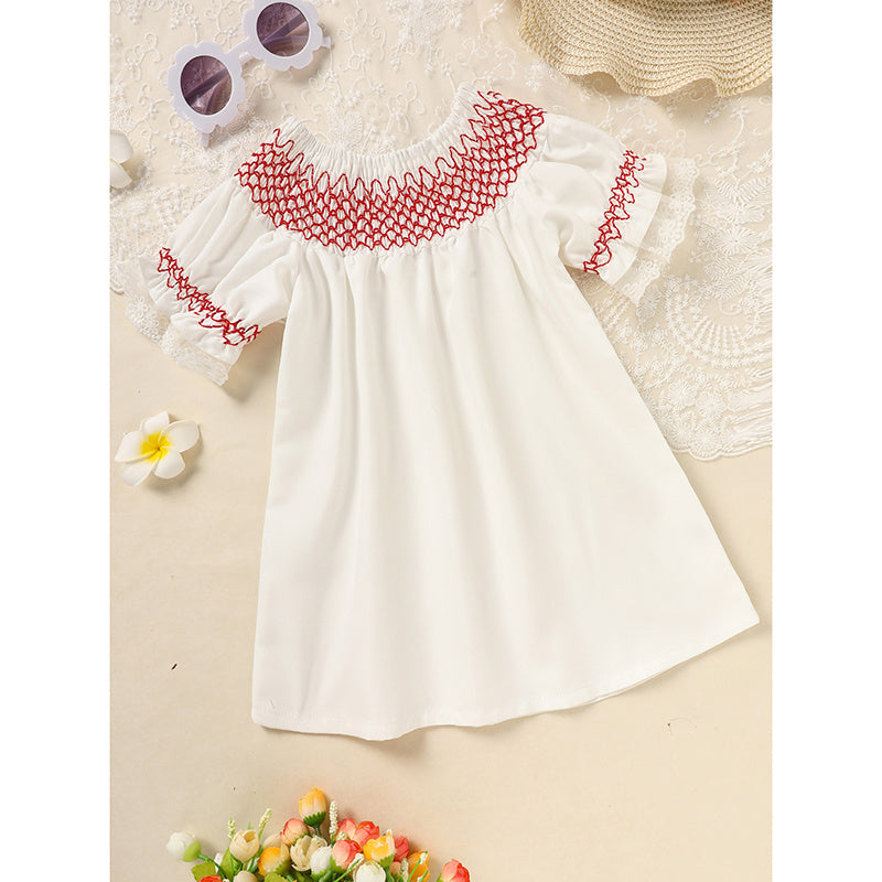 Infant Baby Girl Lacy White Dress with Red Neck Embroidery