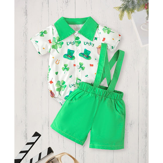 Newborn Baby Boy Short Sleeve Printed Romper & Jumper Shorts Set