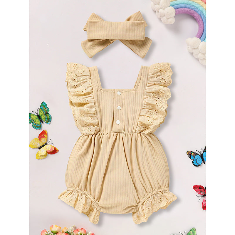 Infant Baby Girl Square Neck Onesie with Headband Beige Set