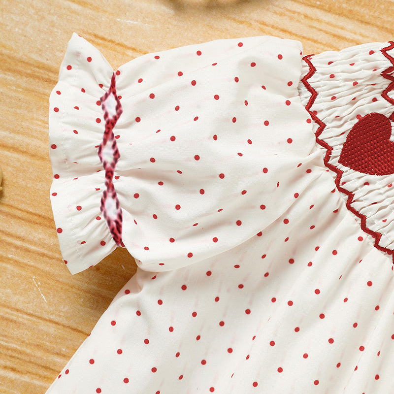 Baby Girl Smocked Princess Dress Red Polka with Heart Embroidery and Headband