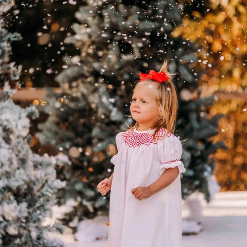 Infant Baby Girl Lacy White Dress with Red Neck Embroidery