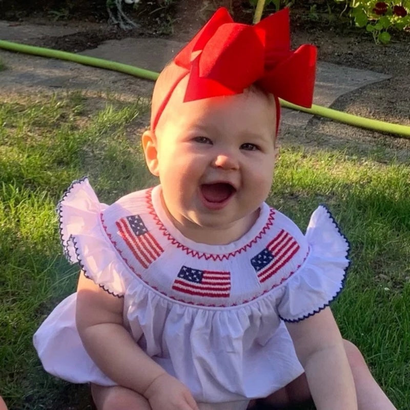 Baby Girl Bubble Romper White with American Flag Embroidery