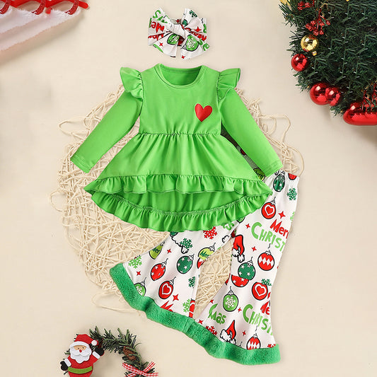 Toddler Ruffle Christmas Dress with Flared Pants and Headband Set