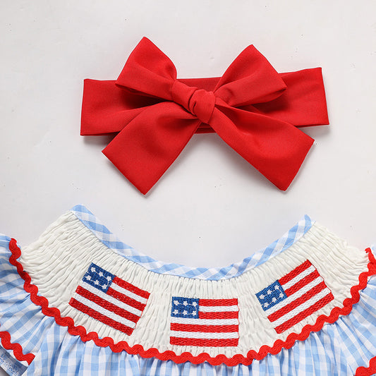 Baby Girl Smocked Bubble Romper Blue With Headband