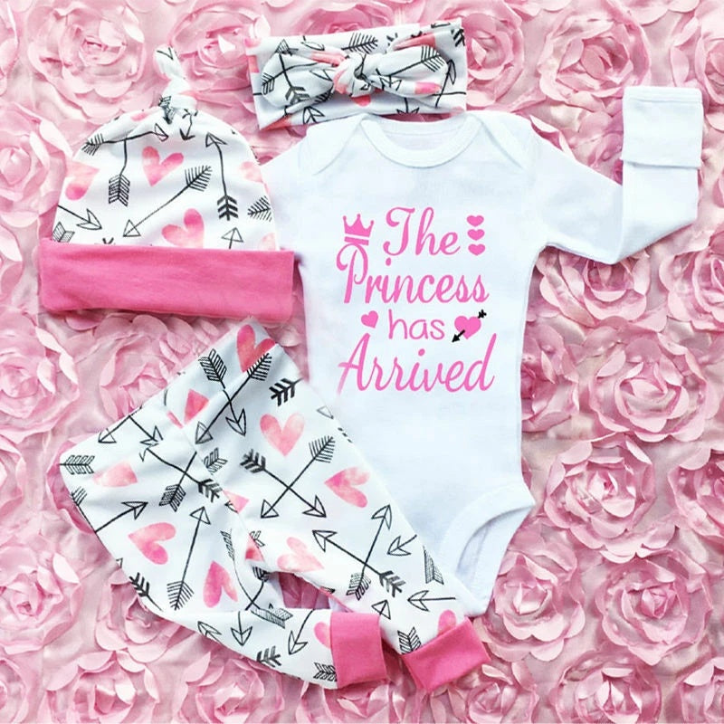 Newborn Baby Girl Romper and Pants with Hat and Headband Set