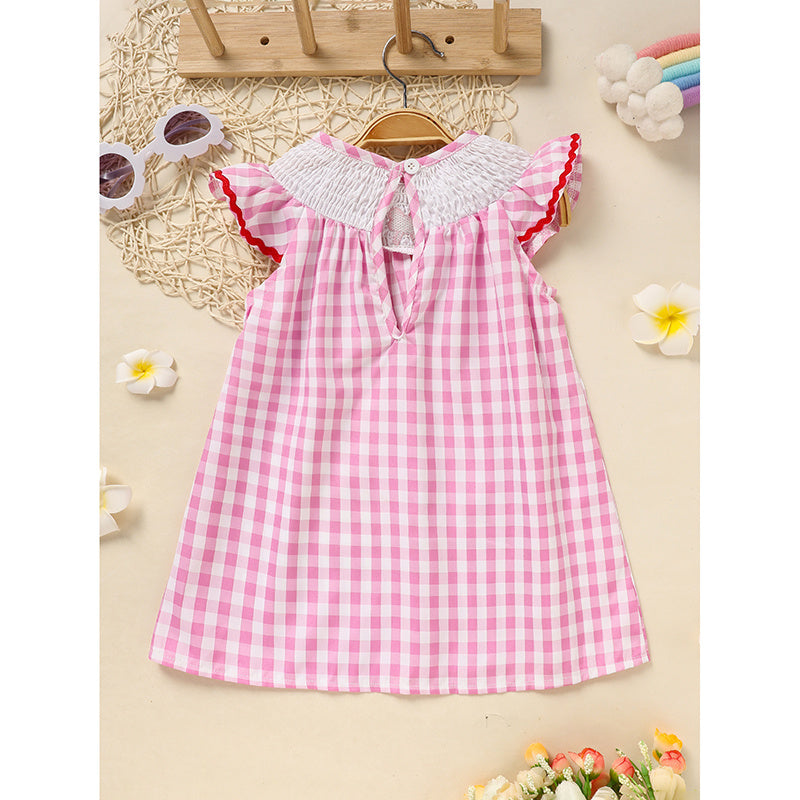Infant Baby Girls Smocked Ruffle Sleeves Checkered Pink with Heart Embroidery