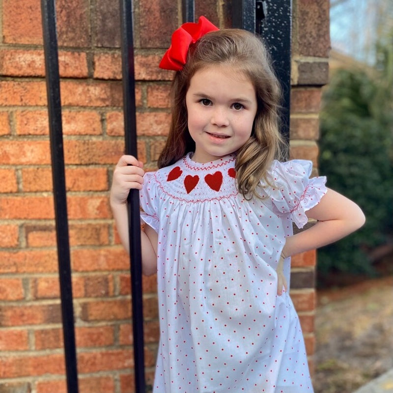Baby Girl Smocked Princess Dress Red Polka with Heart Embroidery and Headband
