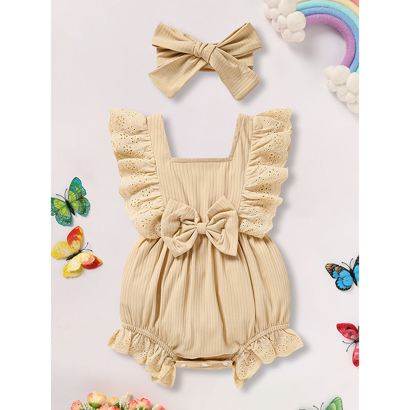 Infant Baby Girl Square Neck Onesie with Headband Beige Set