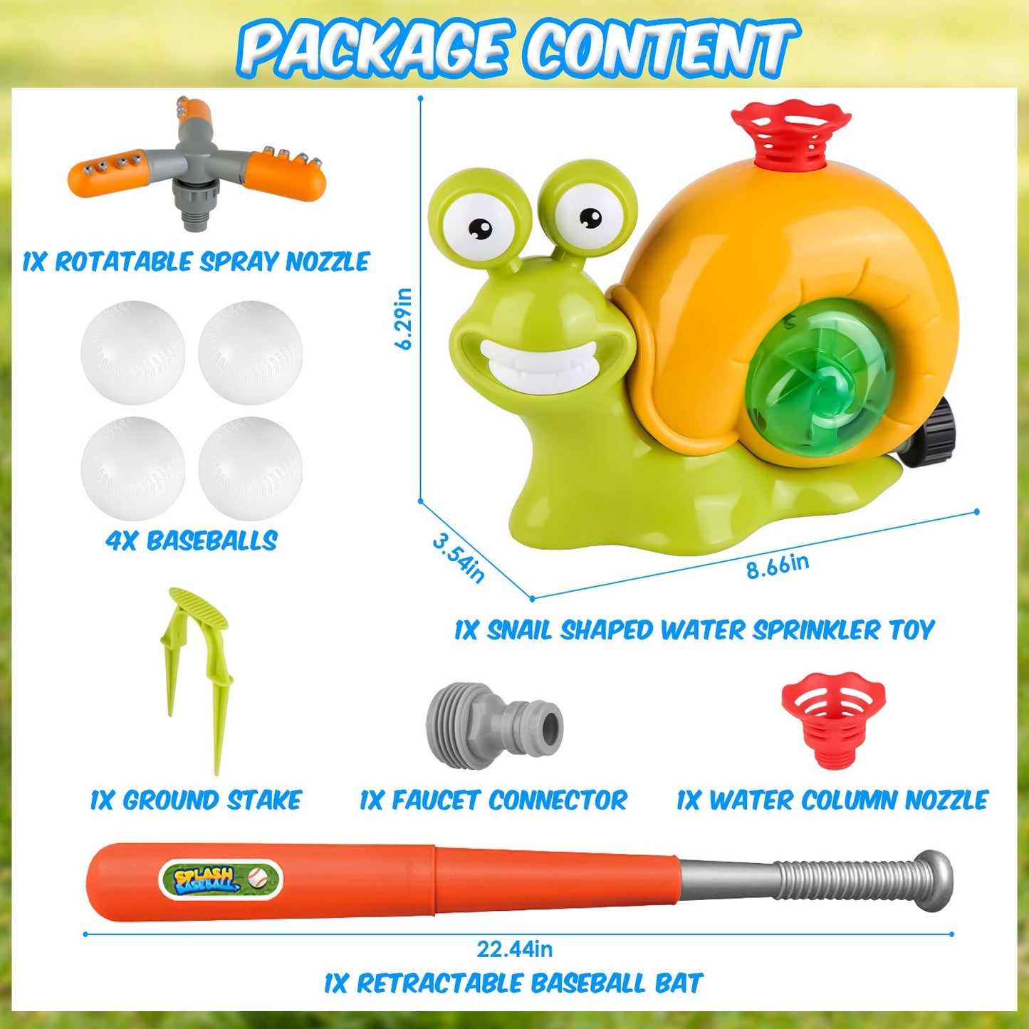 2 In 1 Snail Water Sprinkler Baseball Toy With 2 Sprinkler Nozzles 360 Degree Rotating Spray Baseball Sprinkler Summer Water Toy For 4-8Years Old Boys Girls Pool Garden Lawn