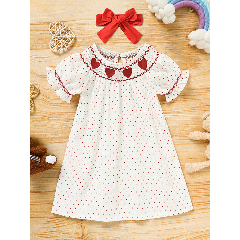 Baby Girl Smocked Princess Dress Red Polka with Heart Embroidery and Headband
