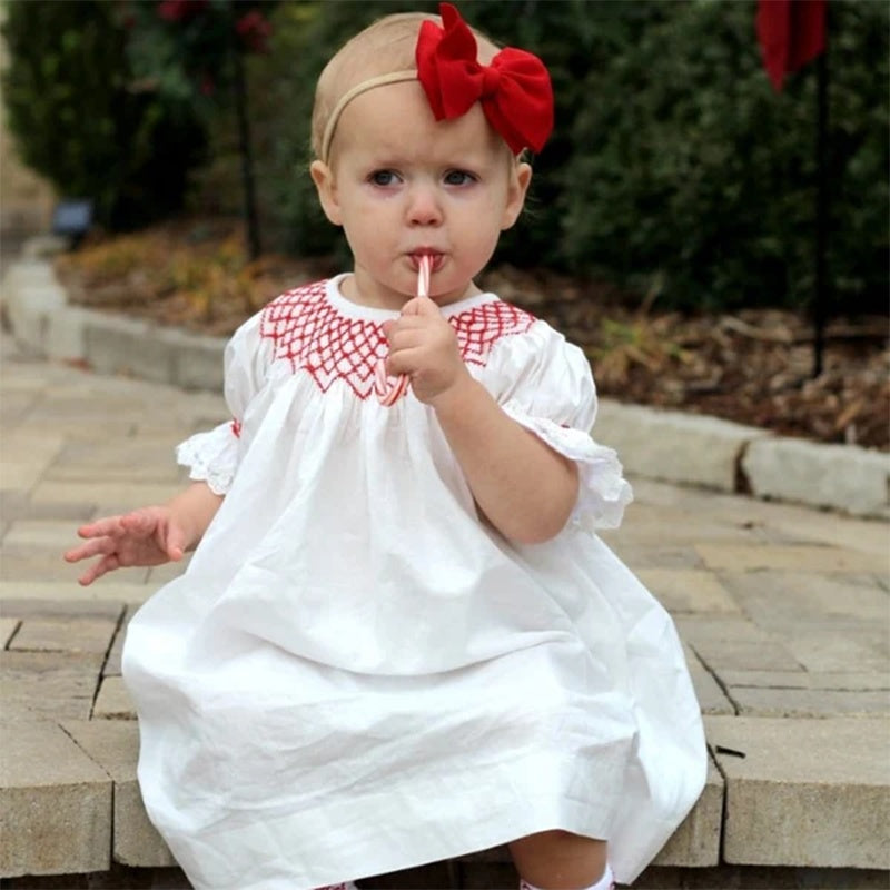 Infant Baby Girl Lacy White Dress with Red Neck Embroidery