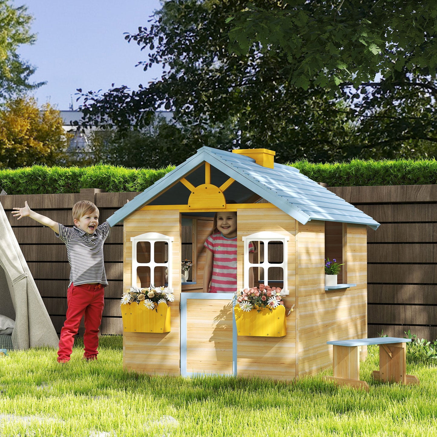 Wooden Outdoor Kid Playhouse with Garden and Bench Service Station