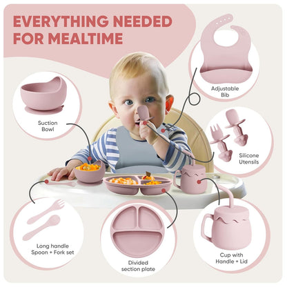 Silicone Baby Feeding Set With Suction, 10 Pcs Baby Led Weaning Supplies With Suction Bowl Divided Plate Adjustable Soft Bib Spoon Fork Snack Cup With Lid And Other Utensils