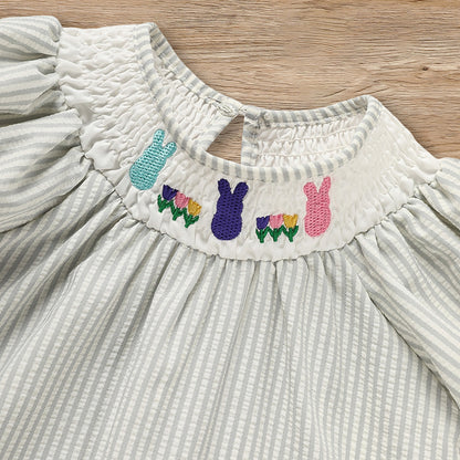 Infant Baby Girls' Easter Bunny Smocked Dress Embroidered Short Sleeve Casual Summer Dress