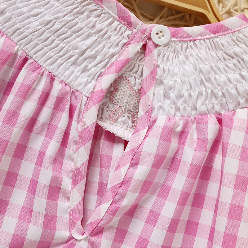 Infant Baby Girls Smocked Ruffle Sleeves Checkered Pink with Heart Embroidery